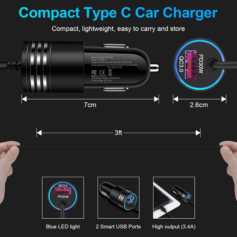 ANDHOT 48W Super Fast Car Charger USB C Rapid Android Car Adapter with 30W Built-in Type C Fast Charging Cable for Samsung Galaxy S25 S24 S23 Ultra S22 S21 S20 FE A16 A15 A14 A54 A53 A23 A13 A03S Z Flip 7 6 - Image 5